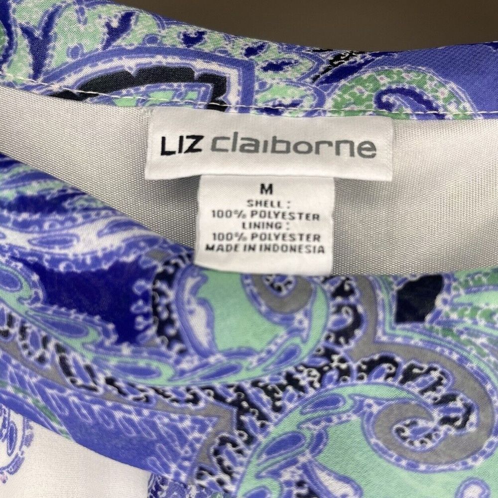 Liz Claiborne Blue Paisley Sleeveless Blouse High Neck Tie - Size Medium - Picture 4 of 9